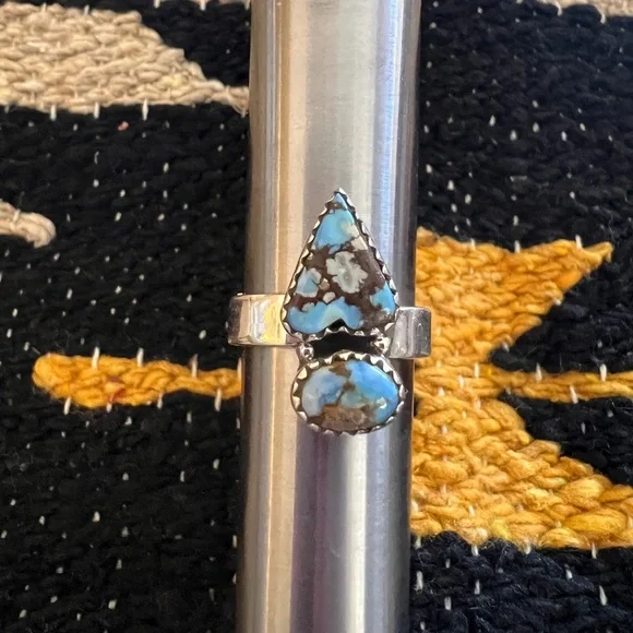 ❤️ Golden Hills Turquoise 925 Southwestern Navajo 2 Stone Adj Ring 6.2gm Unisex - Picture 15 of 16